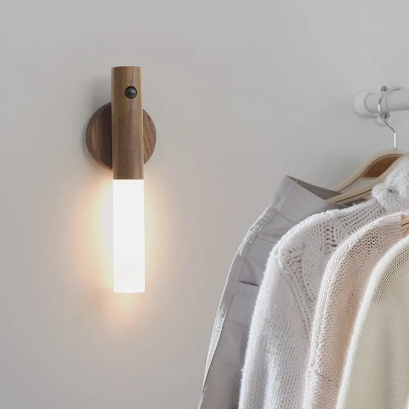 Wood and glass sensor LED desk lamp showing compact dimensions and contemporary design