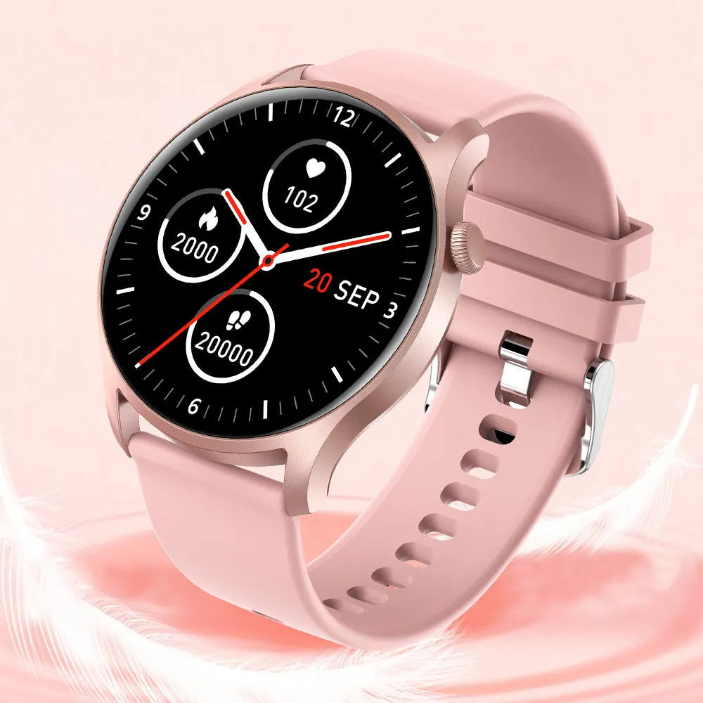 Smart watch with heart rate and blood pressure monitoring on wrist, showing black, gold, pink, and silver colour options