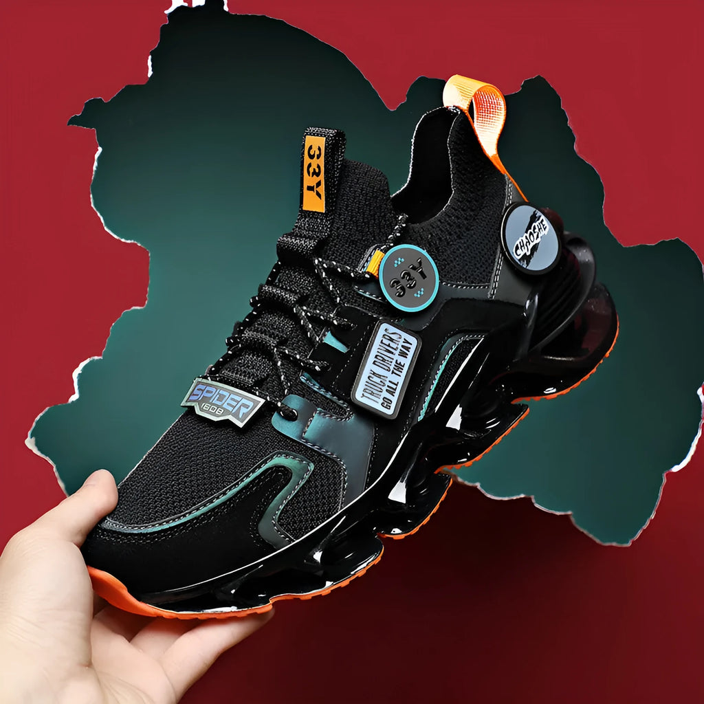 Men's hollow blade shock absorption sports shoes with breathable flying woven upper and TPU sole, colour: Black