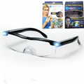 Transparent black USB LED reading glasses with integrated lights on the frame.