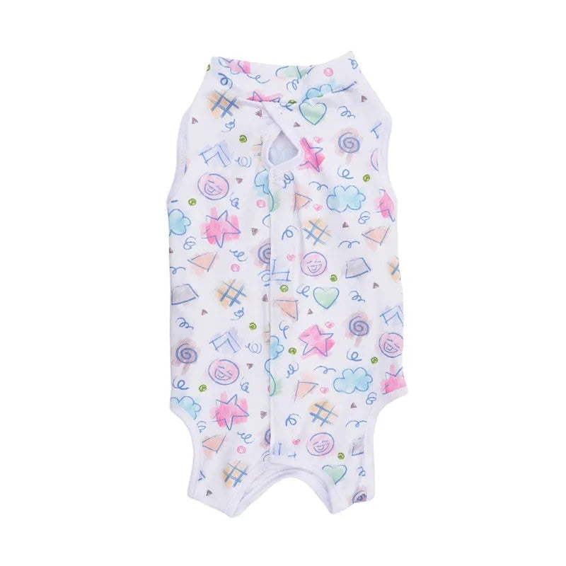 Adjustable velcro cat sterilisation recovery suit in a printed colour design, sizes S M L XL.