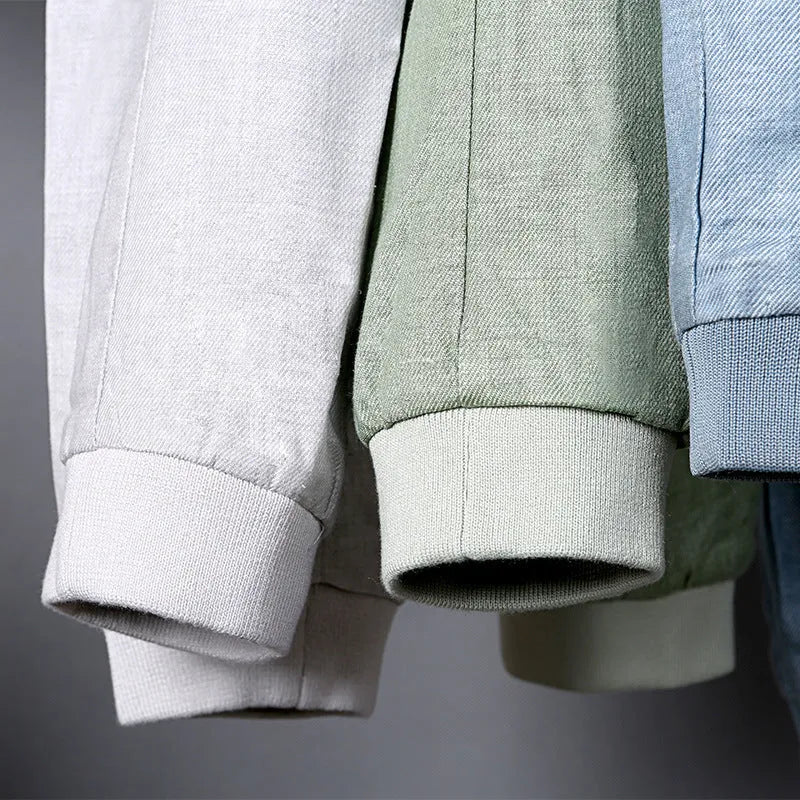 Men's thin cotton linen jacket in heather gray, available in sizes from M to 6XL for casual wear.