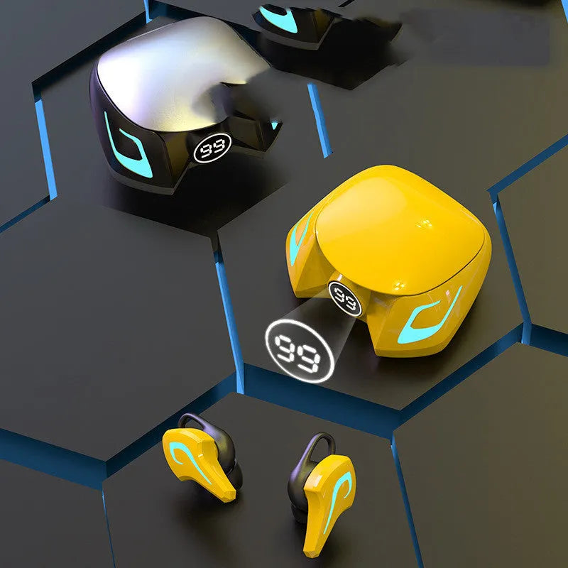Black and grey in-ear Bluetooth gaming headset with silicone tips on a dark background.