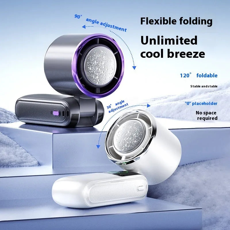 Blue handheld folding electric fan with USB charging port and adjustable speed settings.