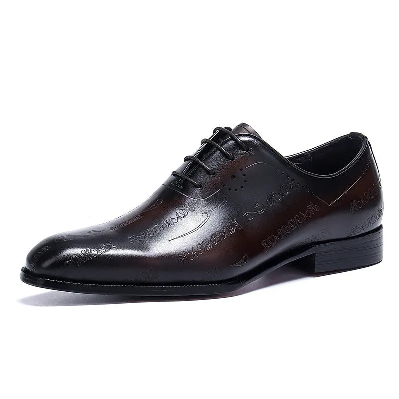 Men's business formal leather shoes in brown cowhide with pointy toe and rubber sole