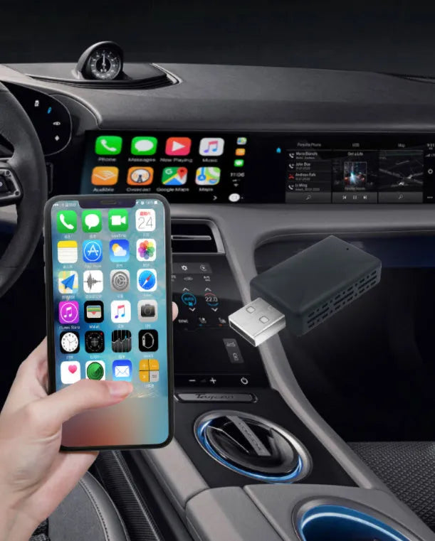 Black 2-in-1 wireless car adapter with USB port for Android phones.