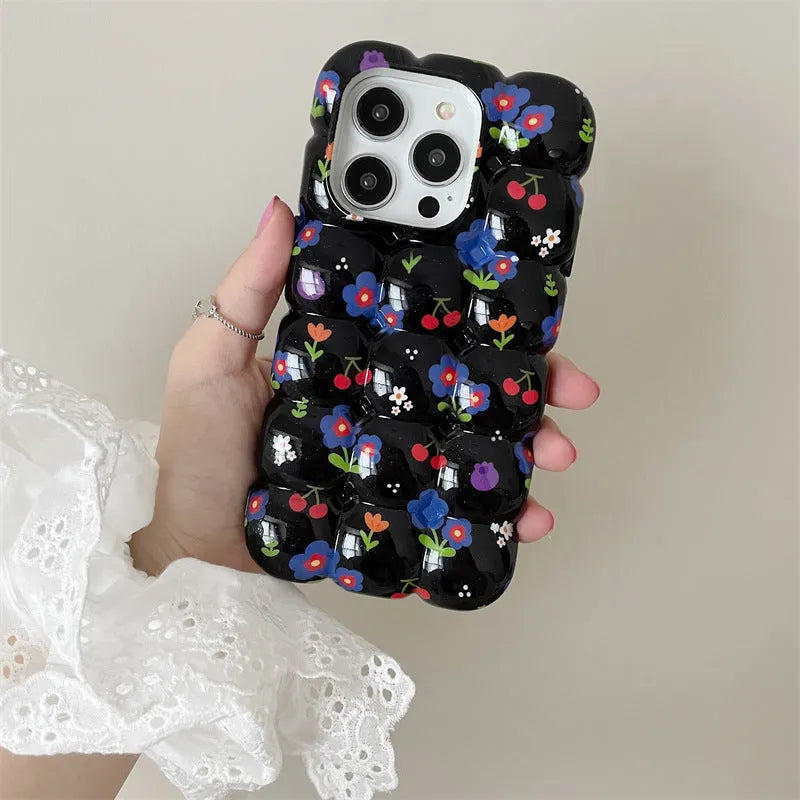 Retro cherry floral plaid TPU phone case for iPhone on black background