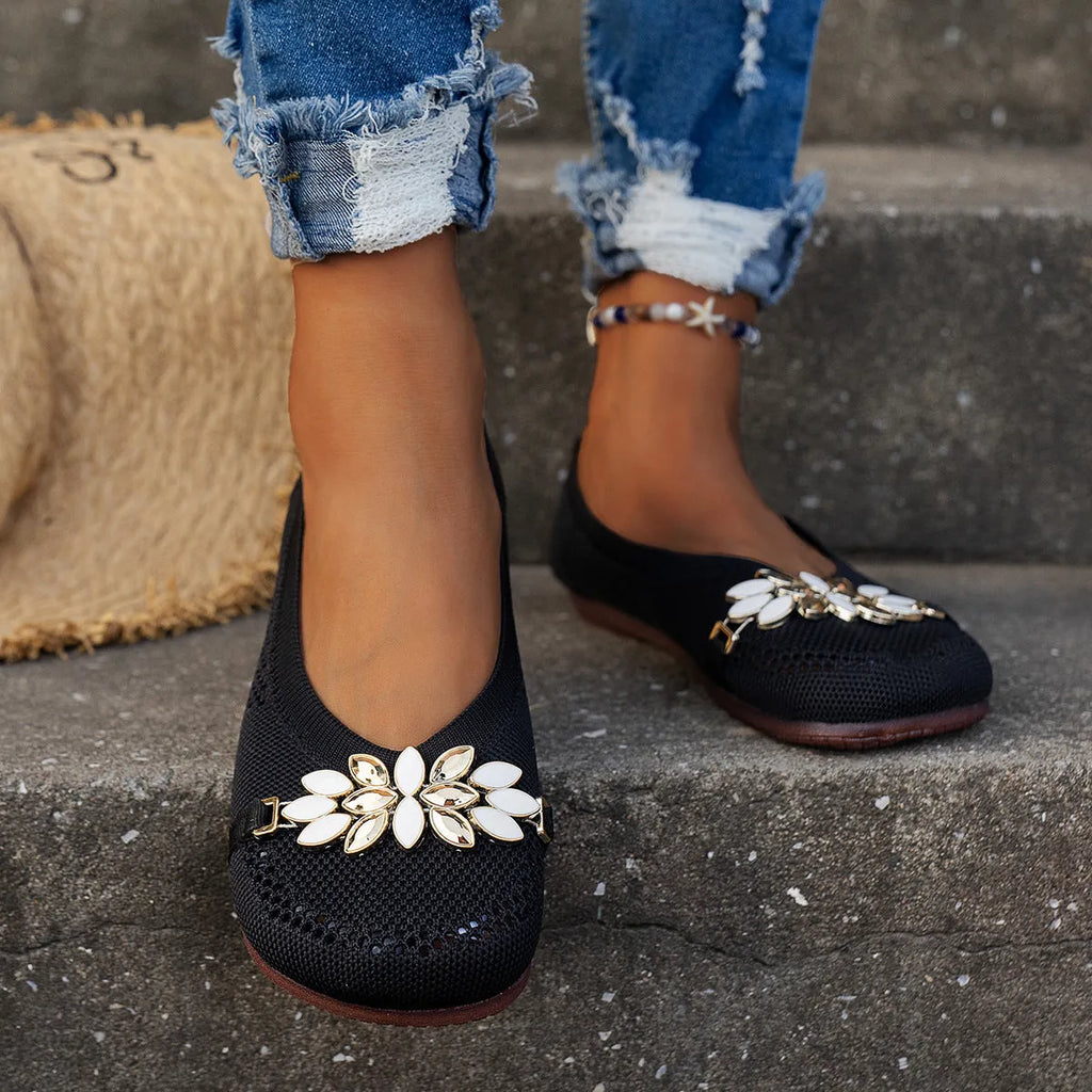 Women's round toe flat shoes with floral metal decoration, mesh upper, flat heel, available in beige, black, and blue
