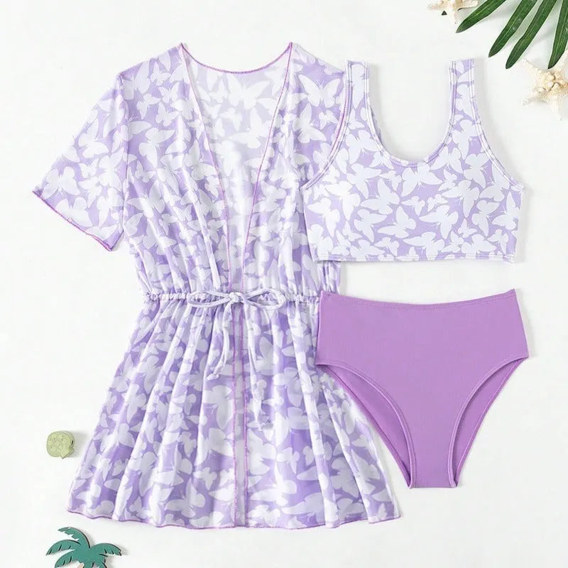 Girls' three-piece polyester swimsuit set in printed design for ages 8-12