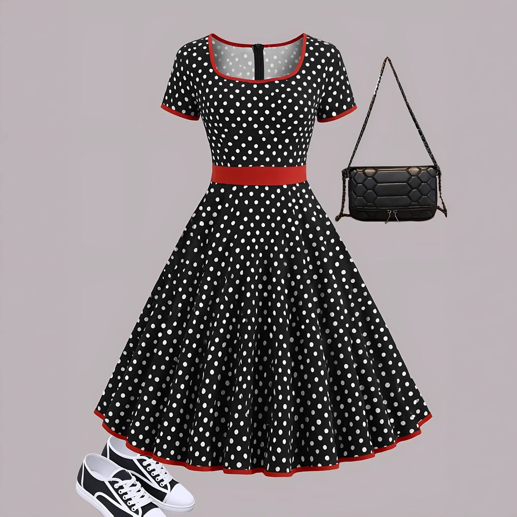 Women's multicolour polka dot dress with a square collar, short sleeves, and a pleated mid-length skirt.