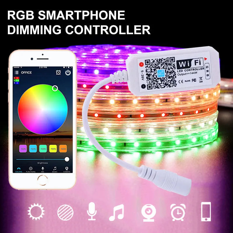 White WiFi RGB lighting controller for LED strips with DC input and smartphone app control.