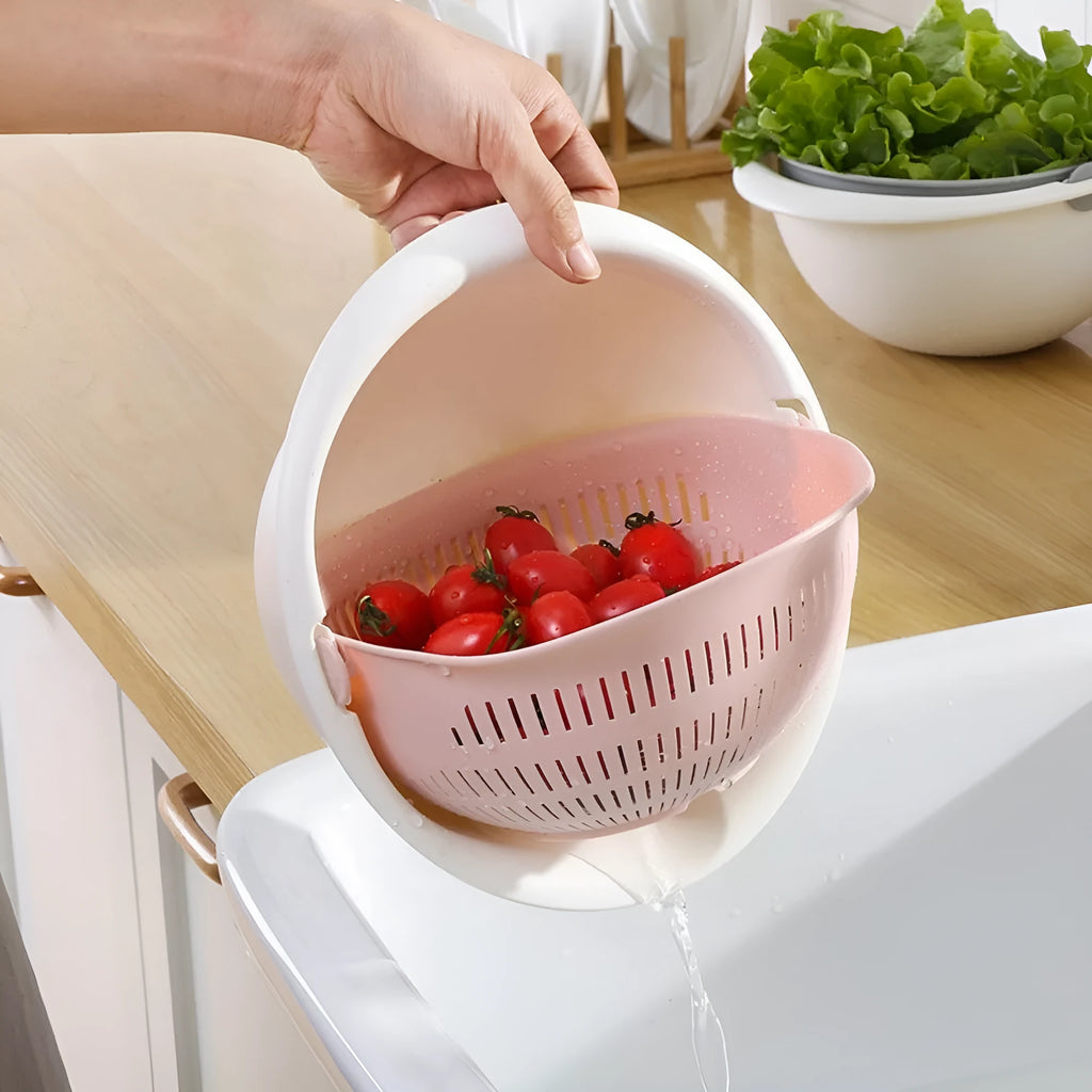 Double-layer hollow PP plastic fruit and vegetable cleaning drain basket 23cm stacked on kitchen counter