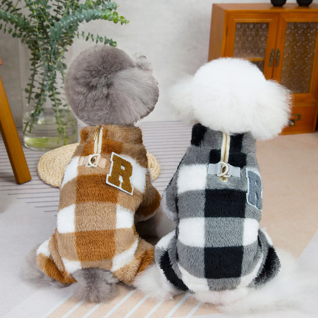 Double-sided velvet four-leg fluffy dog jacket in gray and brown, available in sizes S to XXL