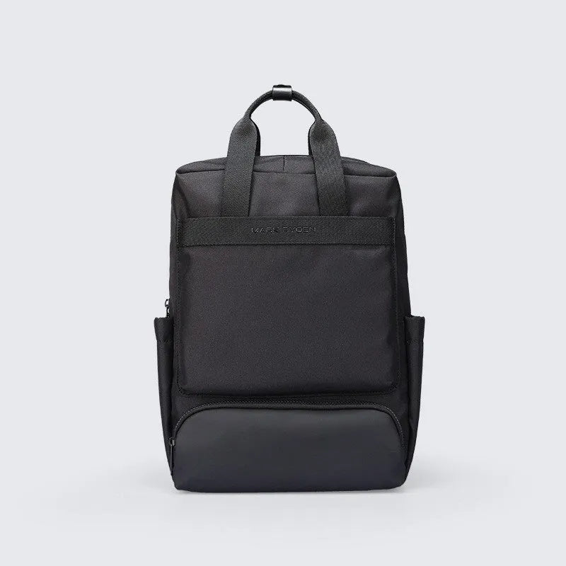 Black Oxford cloth computer backpack showing front view and storage compartments.