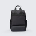 Black Oxford cloth computer backpack showing front view and storage compartments.