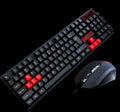 Wired keyboard and mouse set on a desk showing Character Lighting, Matte, and Tri-colour Backlit style options.