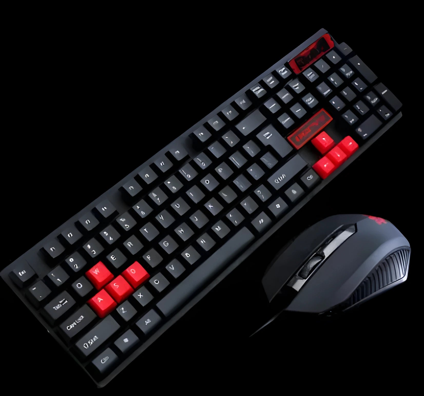 Wired keyboard and mouse set on a desk showing Character Lighting, Matte, and Tri-colour Backlit style options.