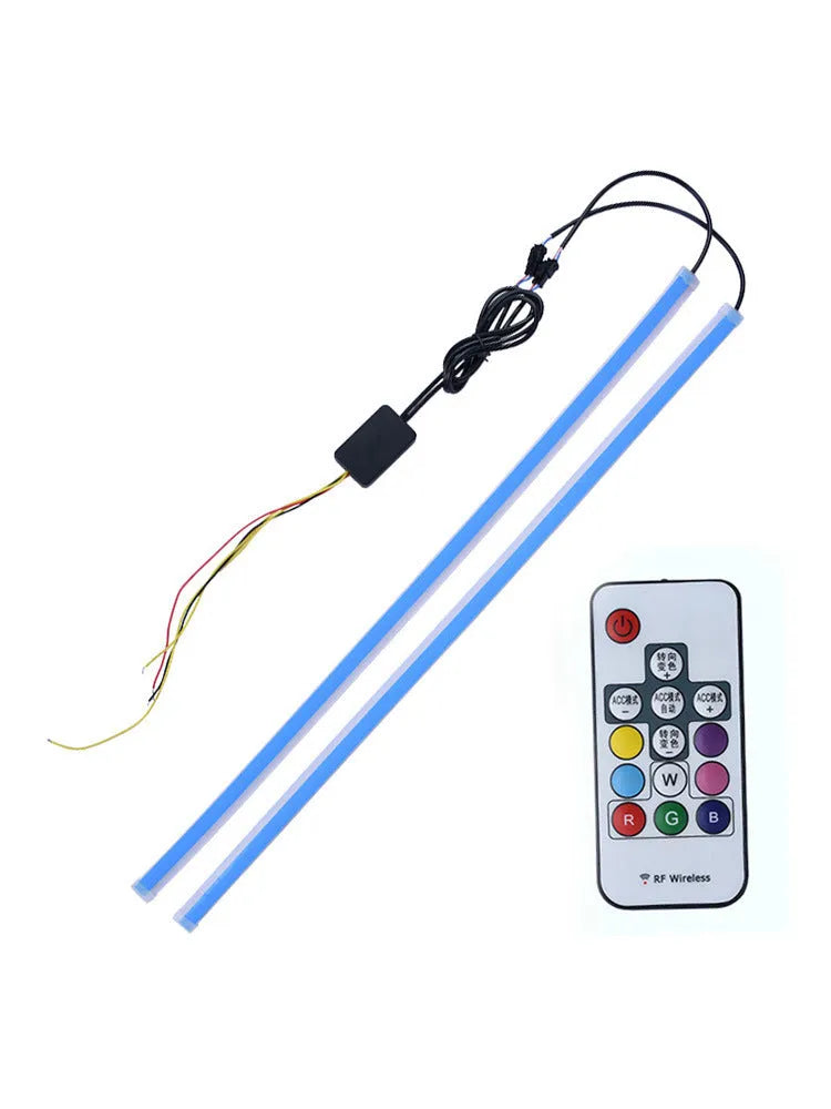 RGB colour-changing LED daytime running light strip with remote control, shown in 30cm, 45cm, and 60cm size options.