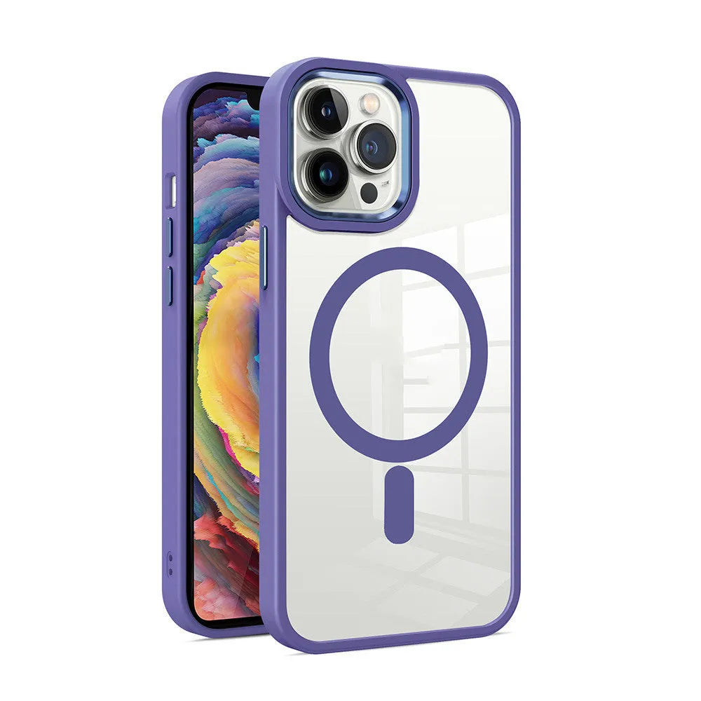 Clear magnetic silicone phone case for iPhone showing MagSafe ring and raised screen bezel