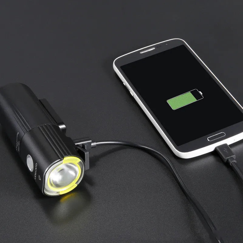 Waterproof bicycle headlight 1600 lumens CREE XML2 with power bank, black, mounted on handlebar
