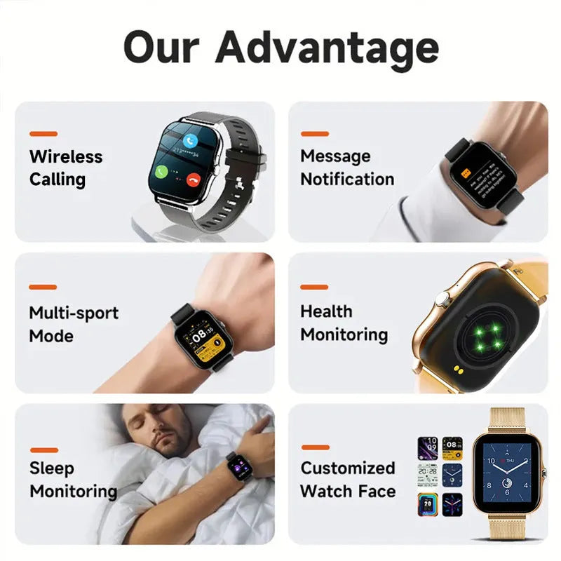 Smart watch with 1.44-inch touch screen on a silicone strap, showing call and health tracking interface.