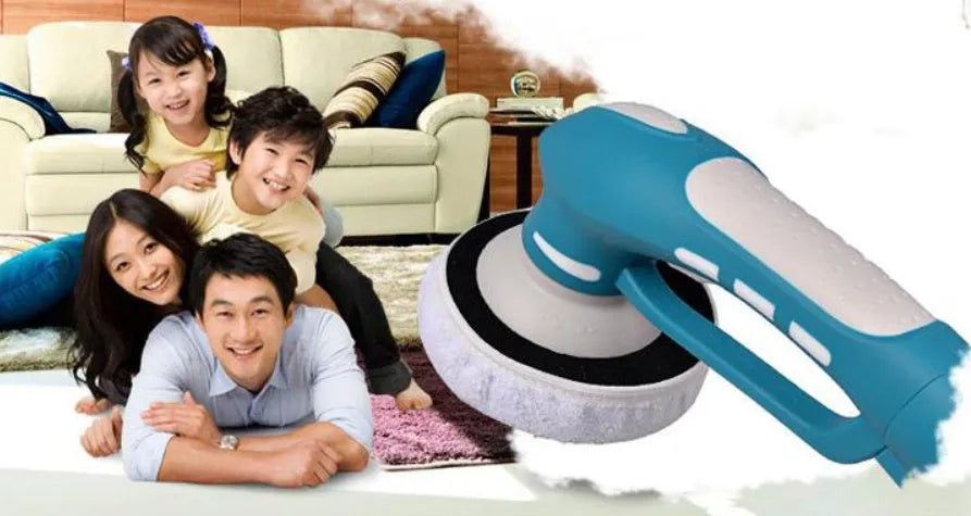 Blue 3.6V rechargeable car polishing machine with mechanical buffer pad on a garage workbench