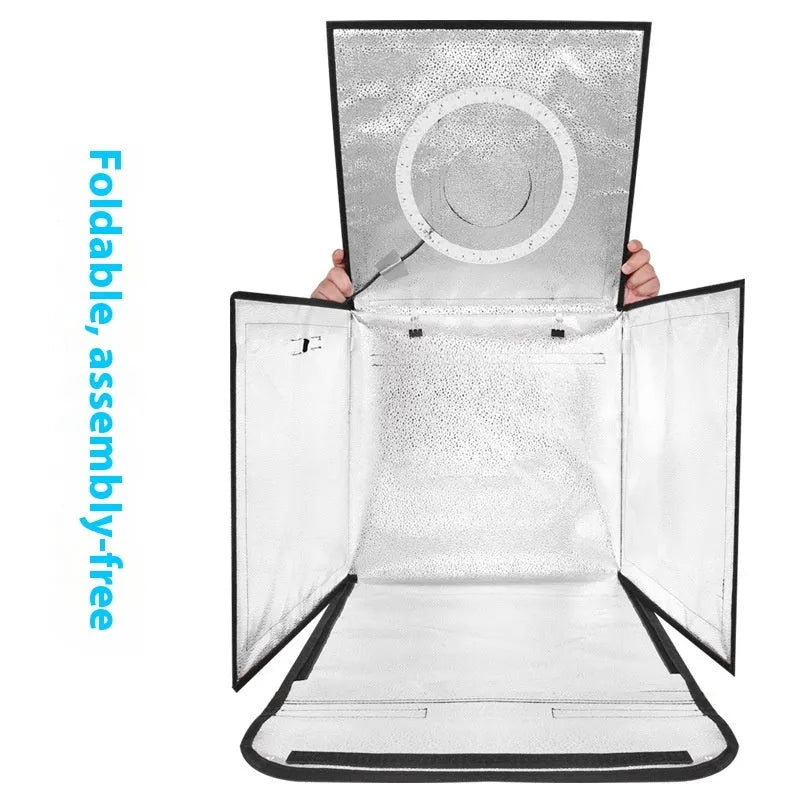 50cm studio small light box with metal frame and reflective cloth, showing folded LED light board and USB plug