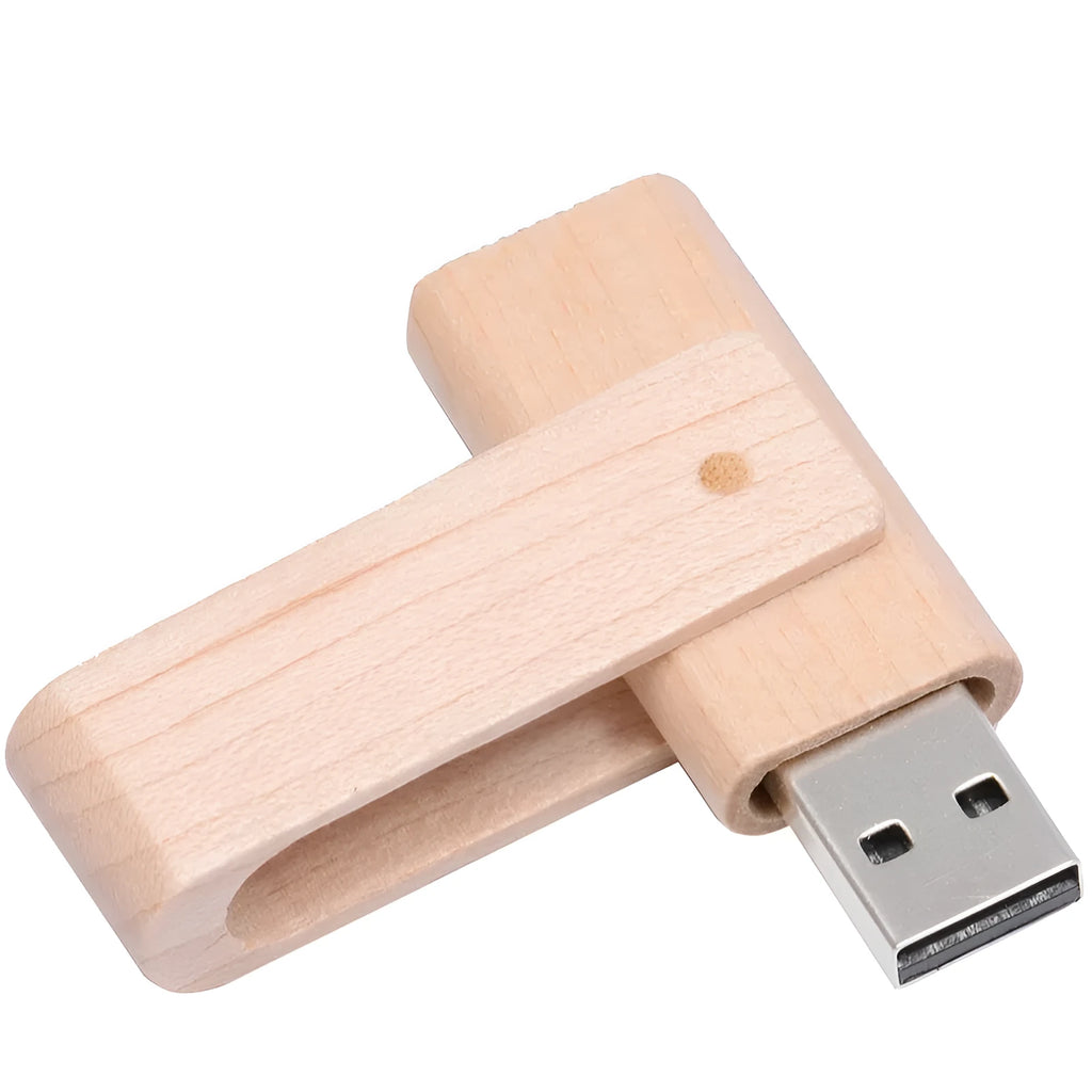 Pink wooden USB flash drive with rotating clip on a light background showing its natural wood grain and compact size