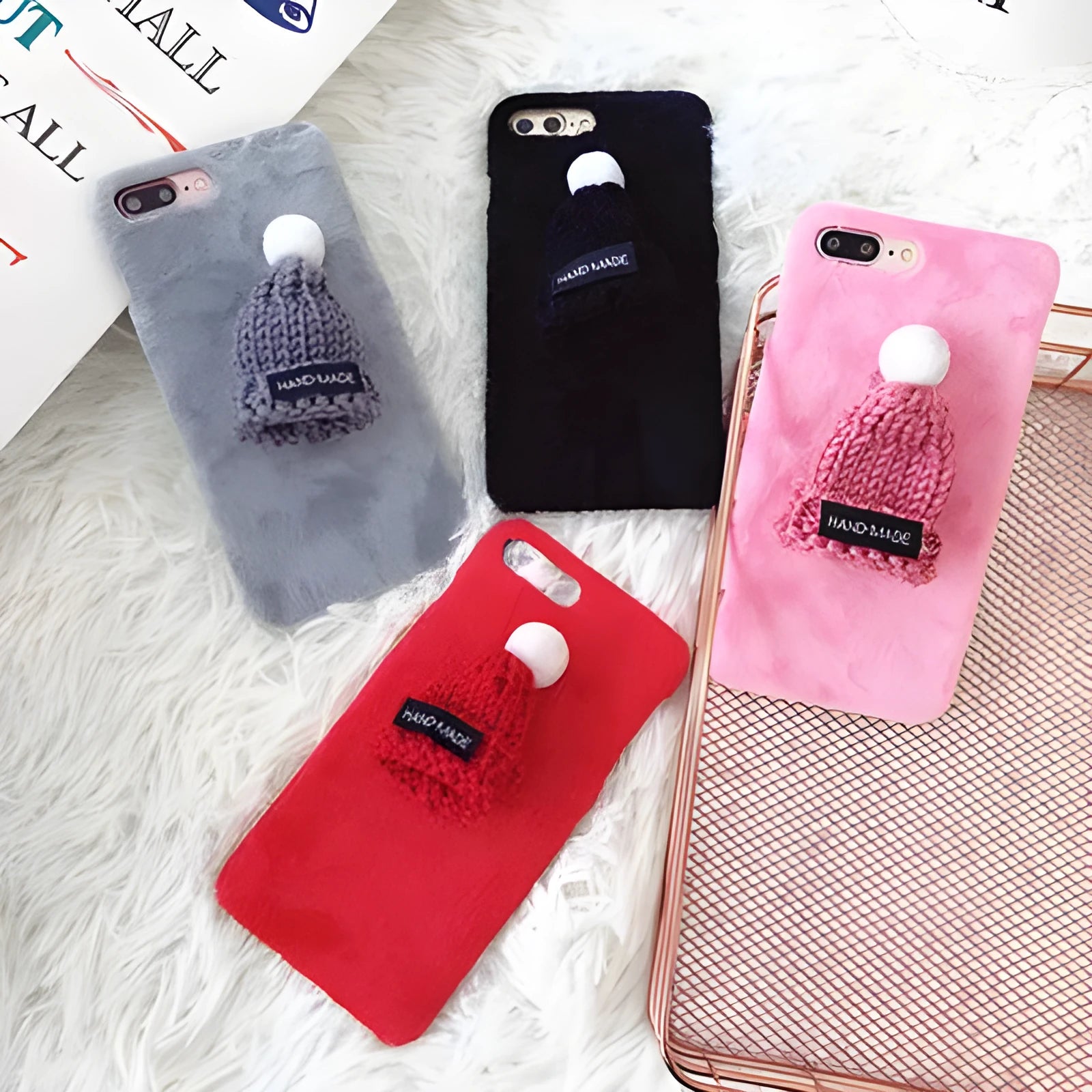 Cute vintage animal plush hat half-wrapped iPhone case in pink for iPhone 8