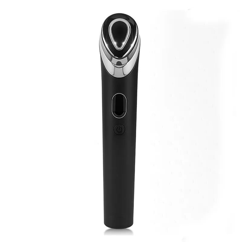 Black portable eye massager unit with light therapy and vibration functions on a neutral background.
