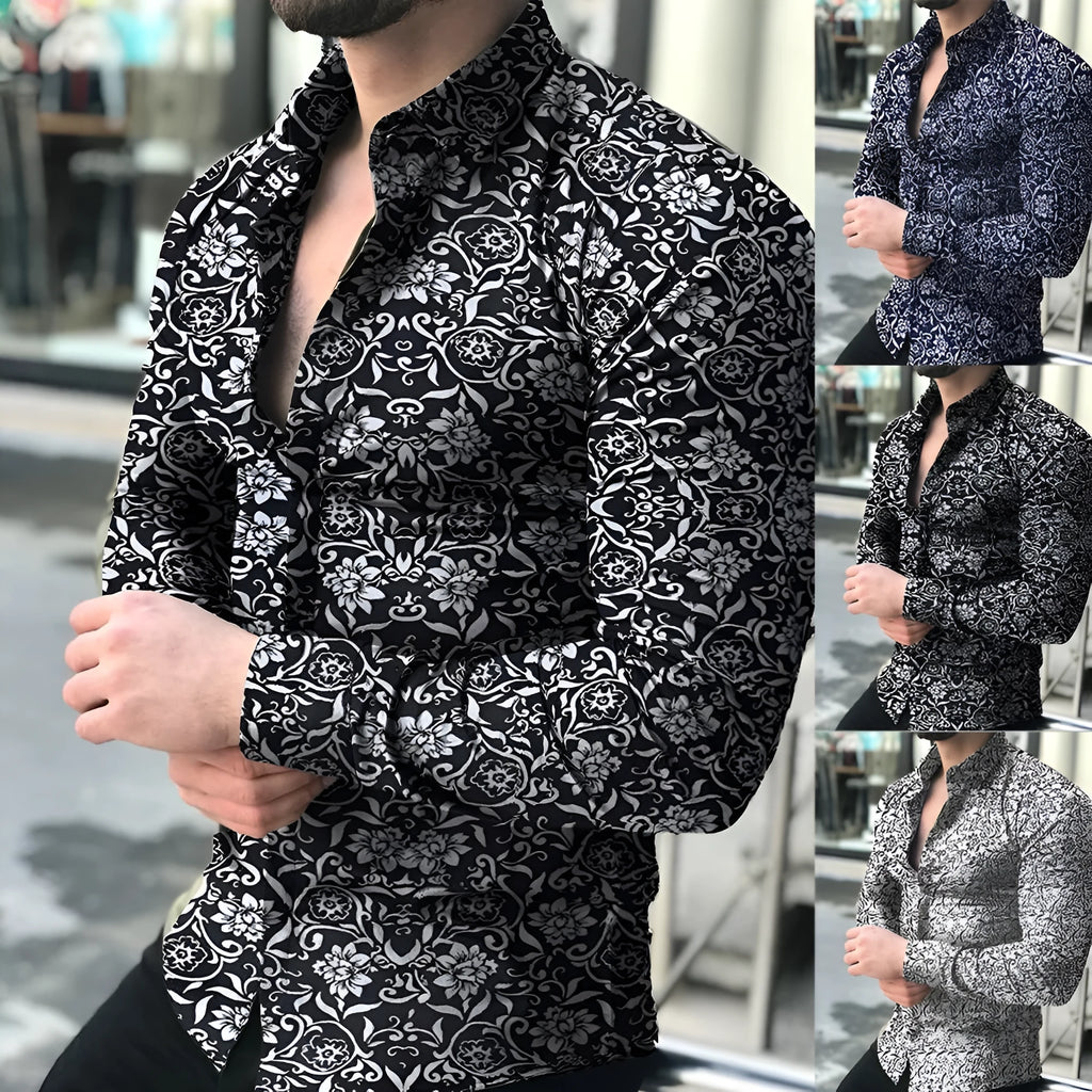 Lapel printed long-sleeved casual floral shirt in white with floral pattern, front view