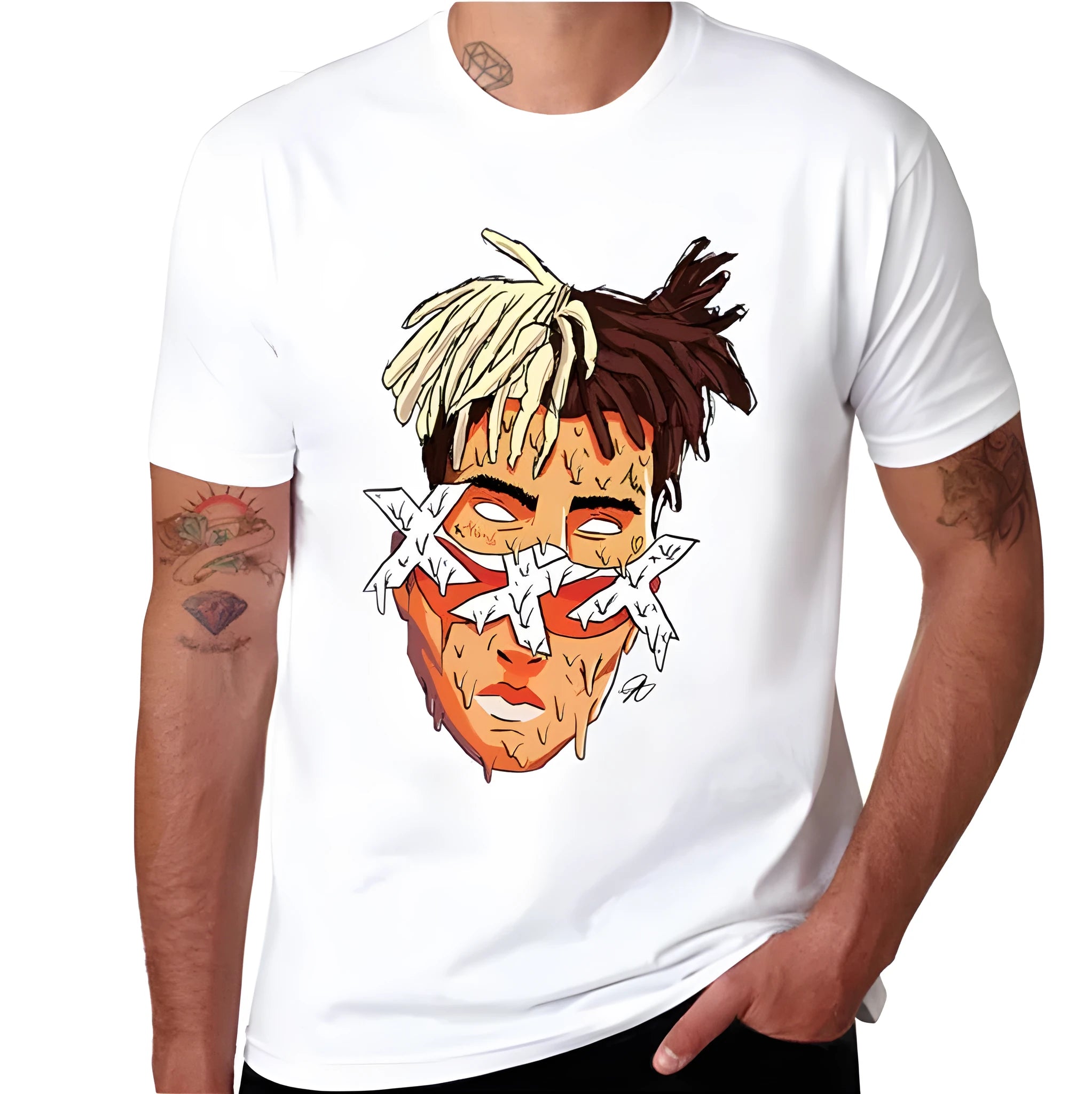 Character unisex t-shirt with printed design, available in multiple styles and sizes