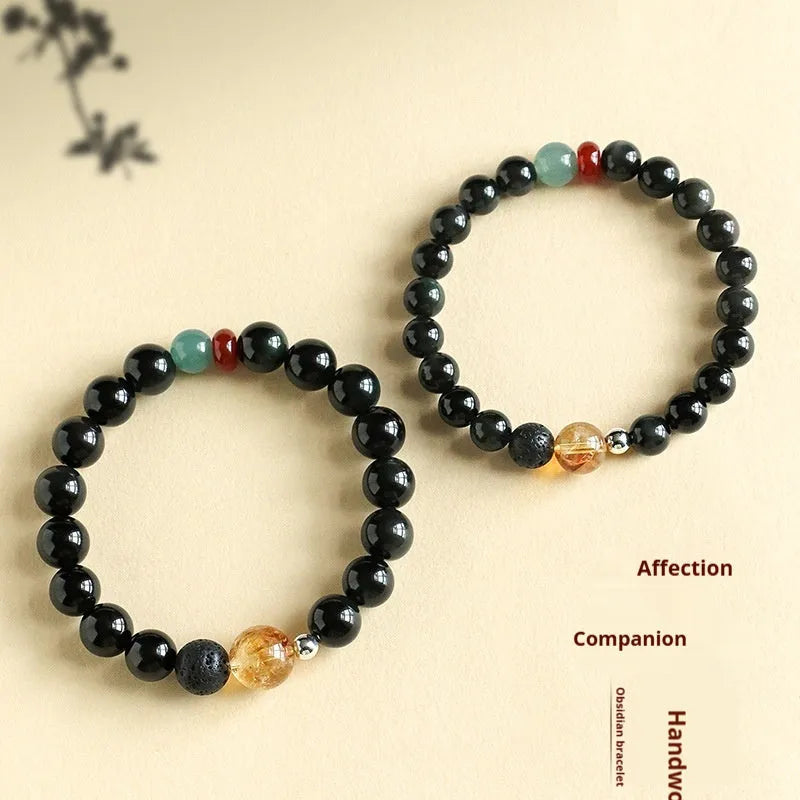 Chinese-style obsidian yellow tower crystal couple bracelet with agate jade accents showing 8mm and 10mm bead size options
