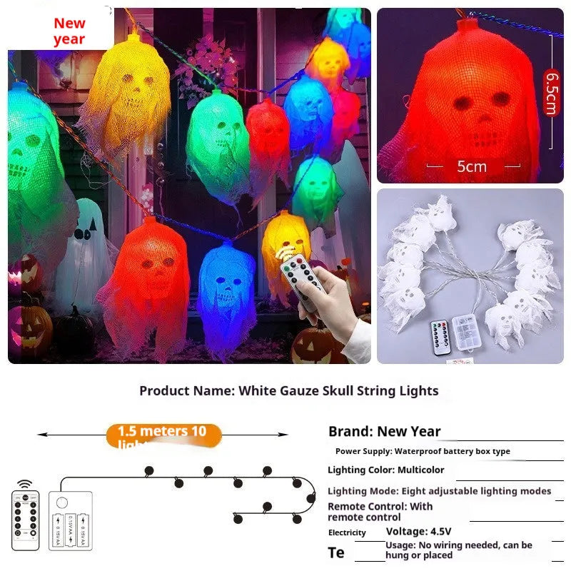 Halloween battery-operated LED string lights showing coloured and warm white options for indoor wall decoration
