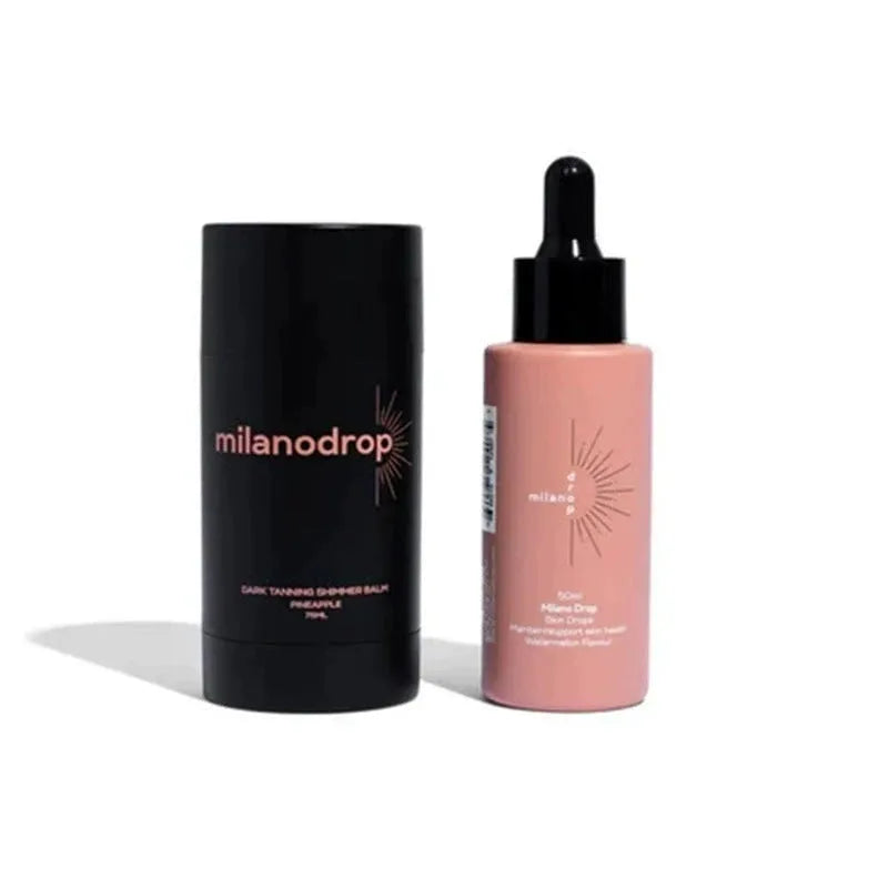 Black bottle containing matte sun tanning liquid drops and tanning flash cream set.