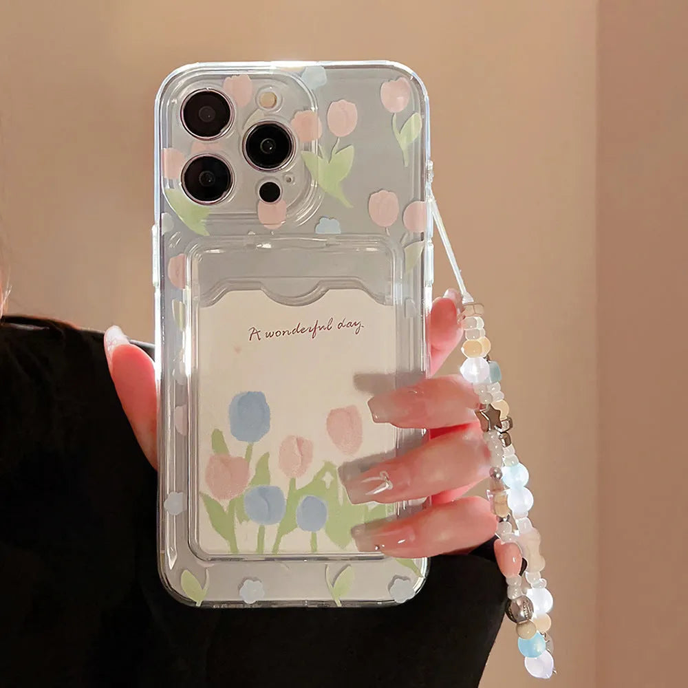 Transparent TPU phone case with tulip flower design and card holder slot for Apple iPhone