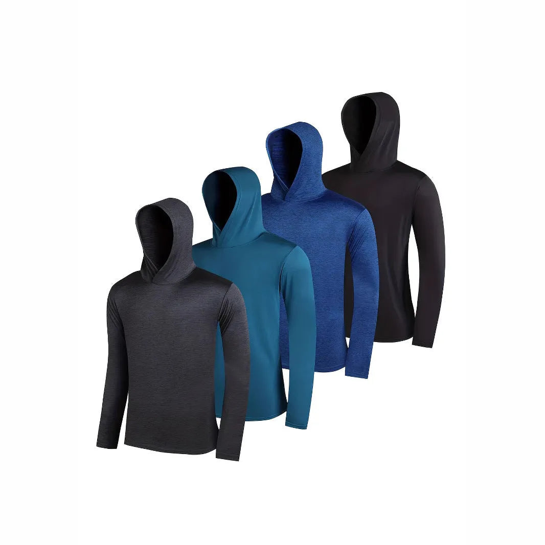 Four men's lightweight pullover hoodies in assorted colours, made from elastic polyester fibre.