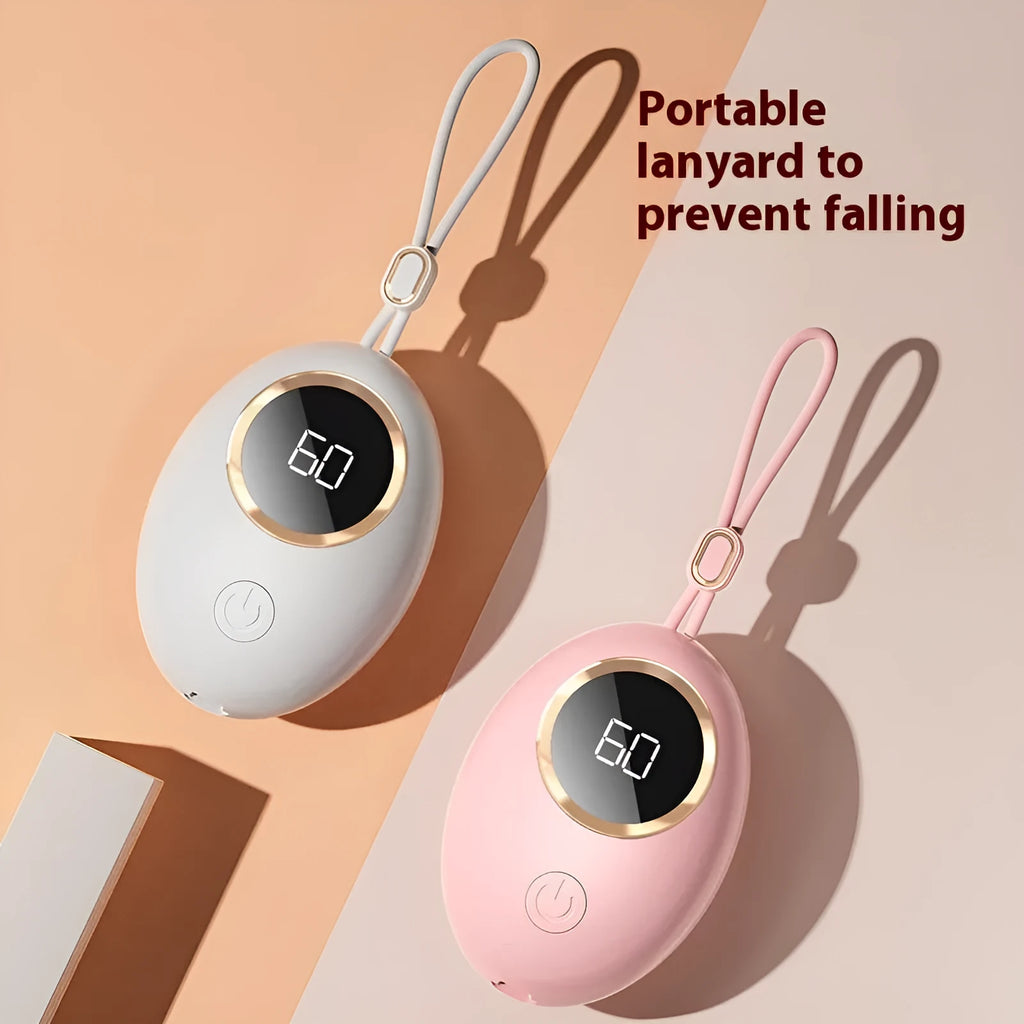 A digital display hand warmer power bank in a choice of colours, showing its USB port.