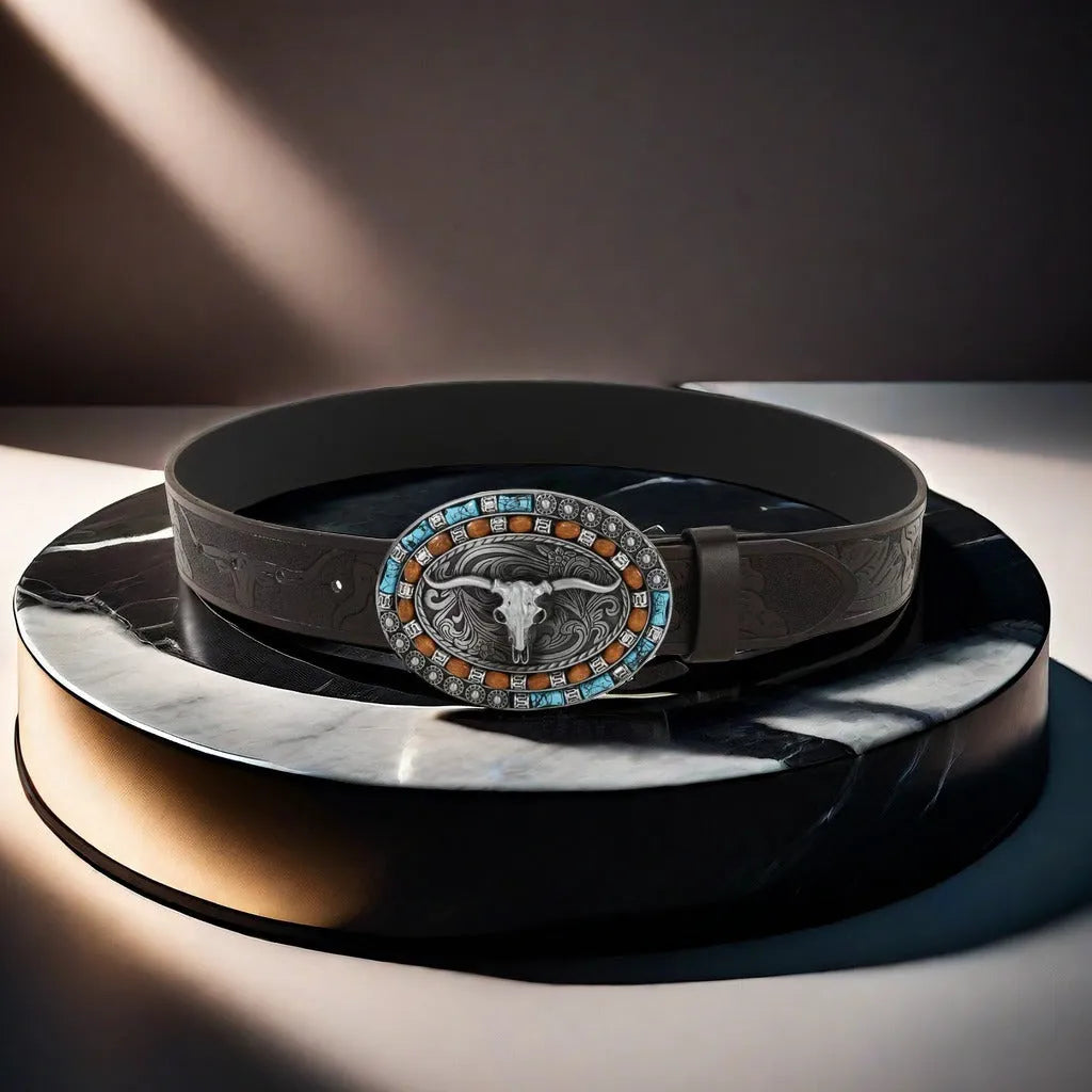 Men's brown imitation leather belt with a detailed silver alloy cow head buckle and pin fastener.