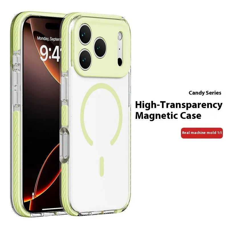 Transparent three-in-one magnetic iPhone case showing drop-resistant protection in Candy Green colour