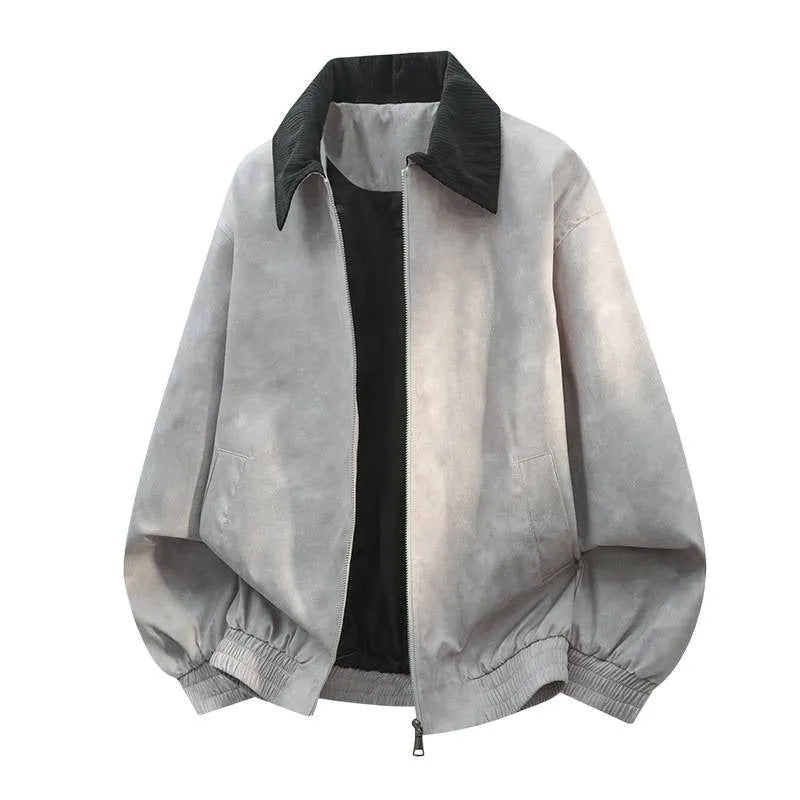 Men's casual black jacket with a detailed stitching lapel, side seam pockets, and a straight hem.