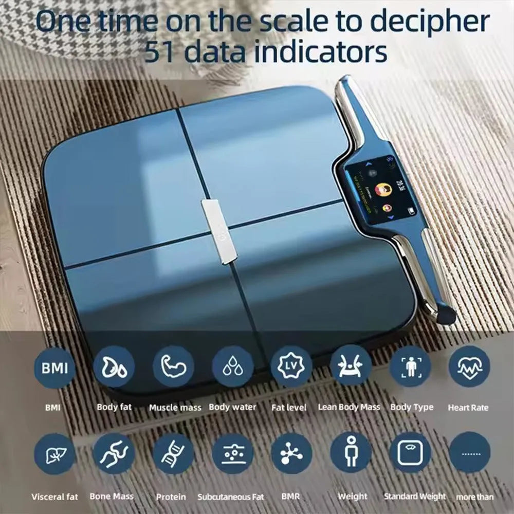 Black square eight-electrode intelligent body fat weighing scale on a floor
