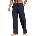 Men's straight-leg cotton linen trousers with drawstring elastic waist in multiple colours