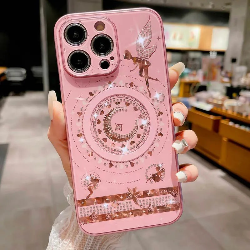 Butterfly fairy diamond magnetic TPU PC phone case in pink single shell with rhinestone and bow decorations