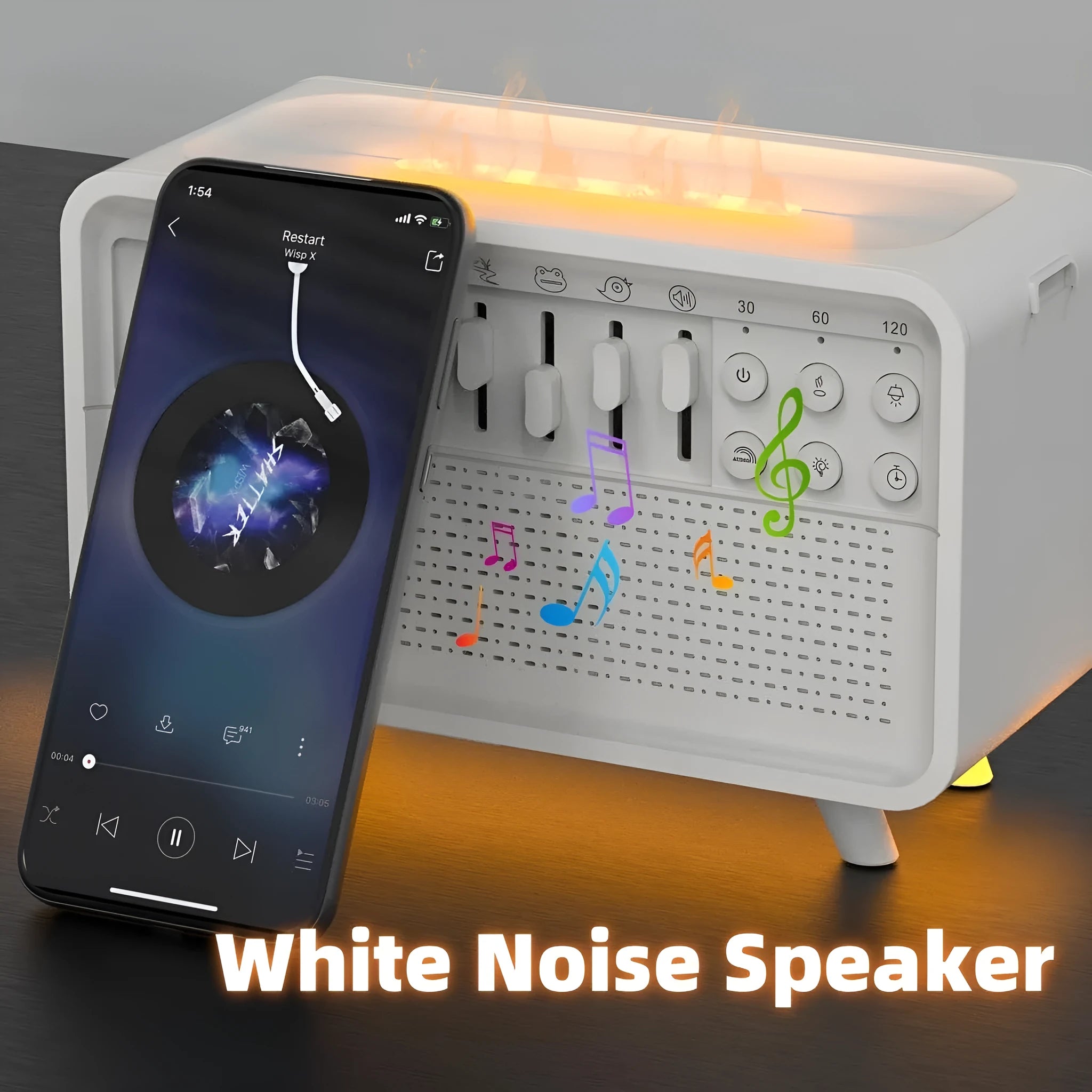 White 3-in-1 Bluetooth white noise sleep machine with humidifier and night light, geometric European design
