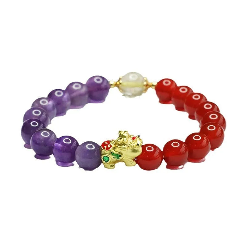 Chinese style bracelet with purple amethyst and red agate 8mm round beads for women