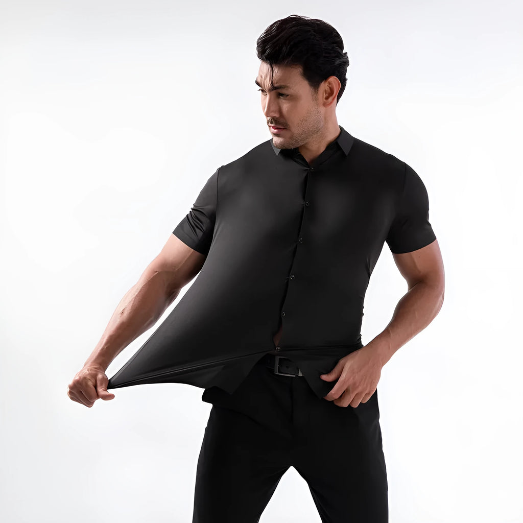Men's short sleeve elastic shirt in cardigan style with non-ironing fabric