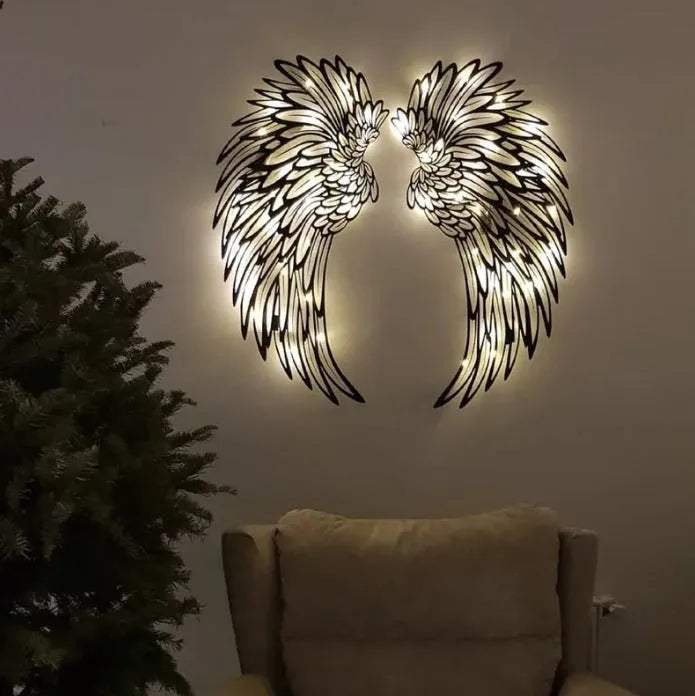 Carved metal wall decor art with light in angel wings shape, black iron, double-sided finish