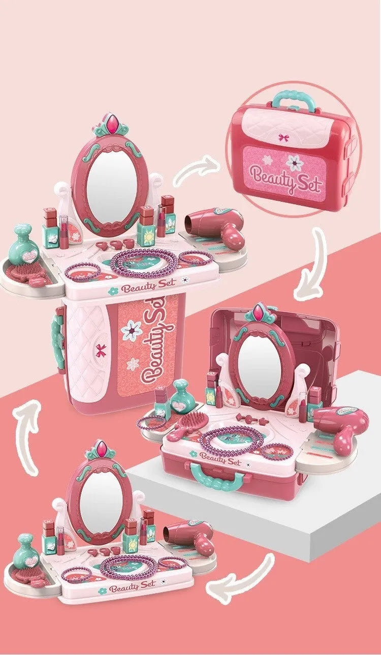 Children's plastic toy playset with doctor, makeup, tool, and kitchen themes in a colour box.