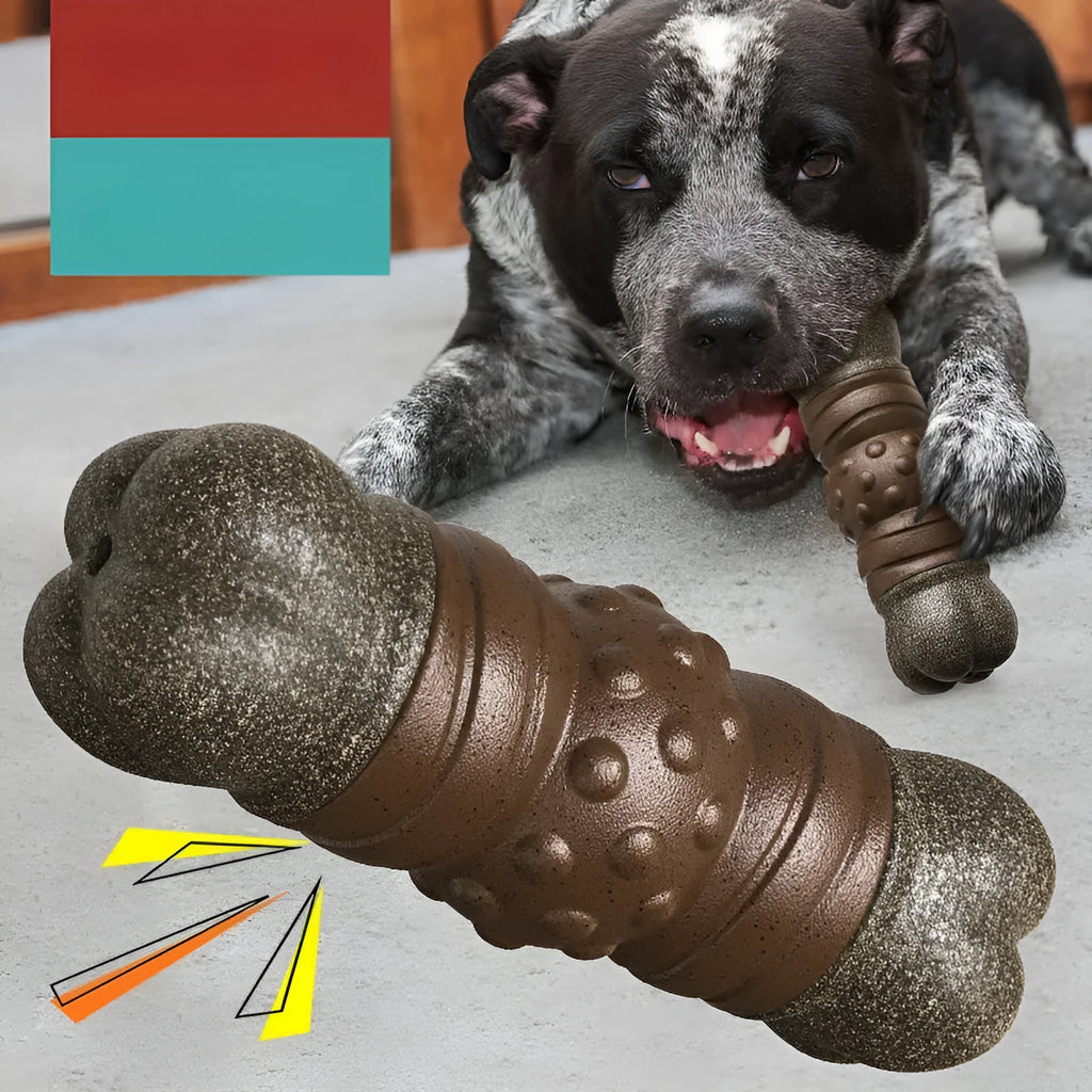 Brown plastic bone-shaped dog chew toy with textured surface for dental cleaning.